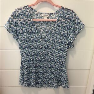 Club Monaco Blue and White Smocked Flutter Sleeve Blouse